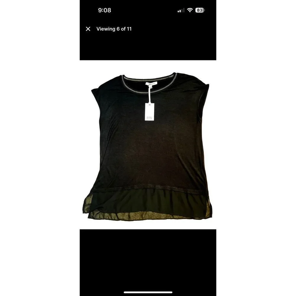 Rose & olive black top with silver. Chain detail along the entire collar sheer t